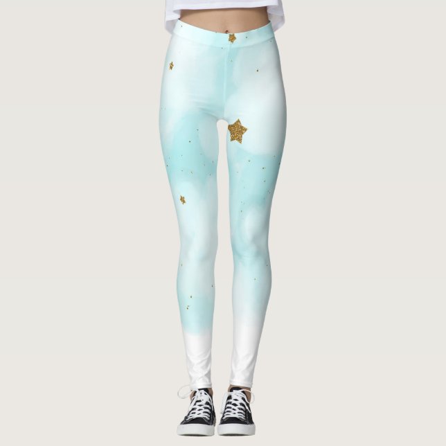 Leggings Étoiles Dorées et Nuages Célestes Bleu Ciel Mignon (Devant)