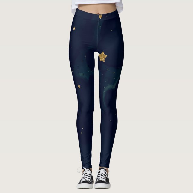 Leggings Étoiles Dorées et Nuages Célestes Mignons sous un  (Devant)