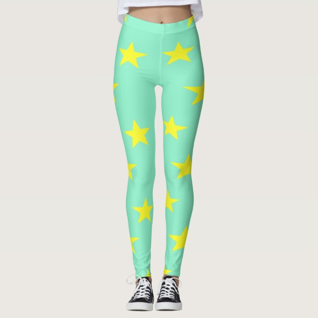 Leggings étoiles jaunes sur turquoise (Devant)