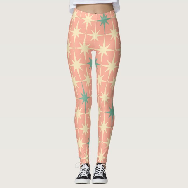 Leggings Étoiles modernes du Moyen-siècle rétro Motif rose  (Devant)