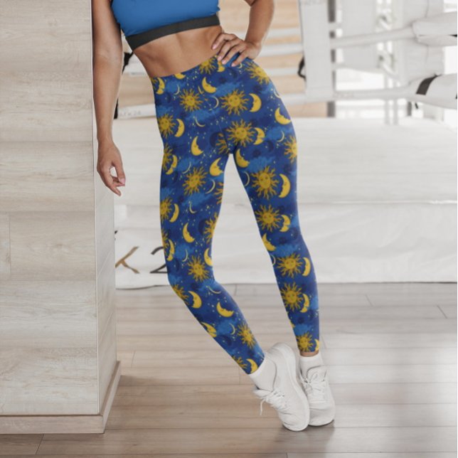 Leggings Étoiles Soleil Lune Motif Céleste Bleu Or (Créateur téléchargé)