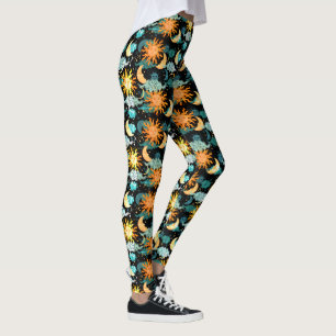 Leggings Étoiles Soleil Lune Motif Céleste Noir