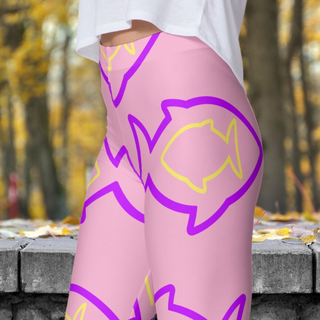 Leggings Fabun Motif rose et fin violet amusant (Purple Fin on Light Pink)