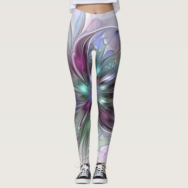 Leggings Fantaisie Abstraite Moderne Fleur Fractale Colorée (Devant)