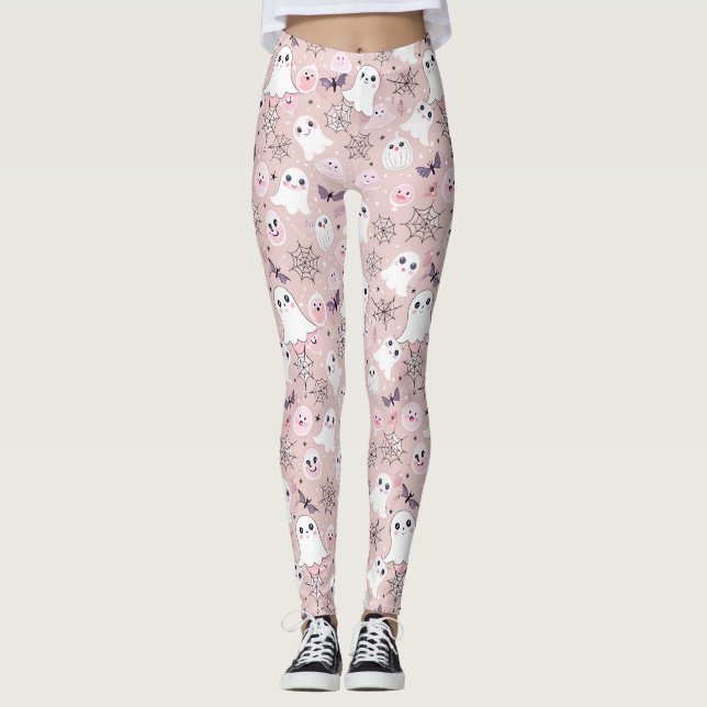 Leggings Fantômes roses et éléments d'Halloween Motif sans  (Devant)