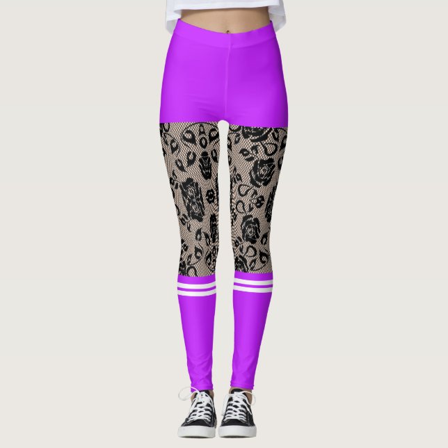 Leggings Faux Black Dentelle Poisson Violet Jambes à sochos (Devant)