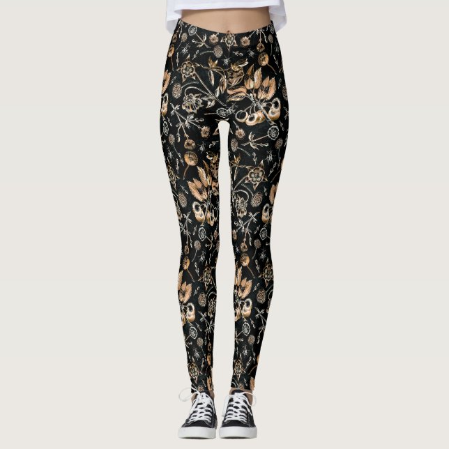 Leggings Faux Gold Beetles Fleurs Feuilles Fruits cerise (Devant)