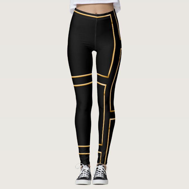 Leggings Faux Gold Illustrated Rectangular Stylish Black (Devant)