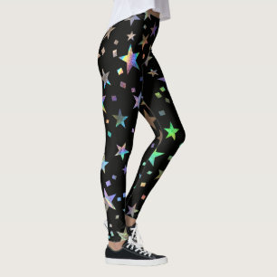 Leggings Faux Holographique Rainbow Stars Motif Chic Black