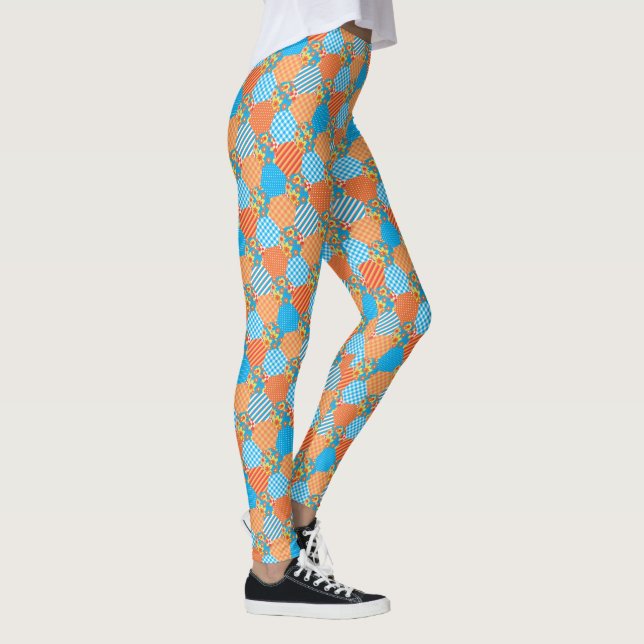 Leggings Faux Patchwork Checks, Floral, Grandes bandes, Poi (Droite)