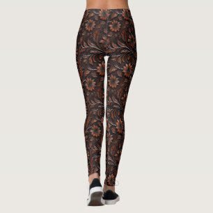Leggings Faux Sud-Ouest Brown Fleurs de vache en cuir
