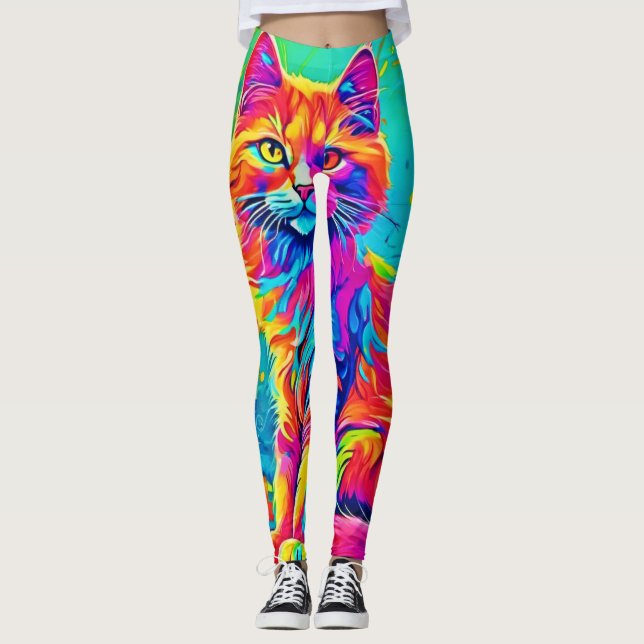 Leggings Feline Lumineuse : Chat en néon coloré (Devant)