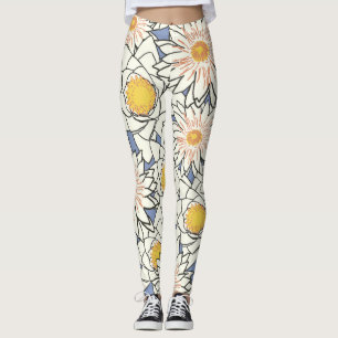 Leggings Femme Fleurs Jaune Bleu Blanc Grandes Féminin