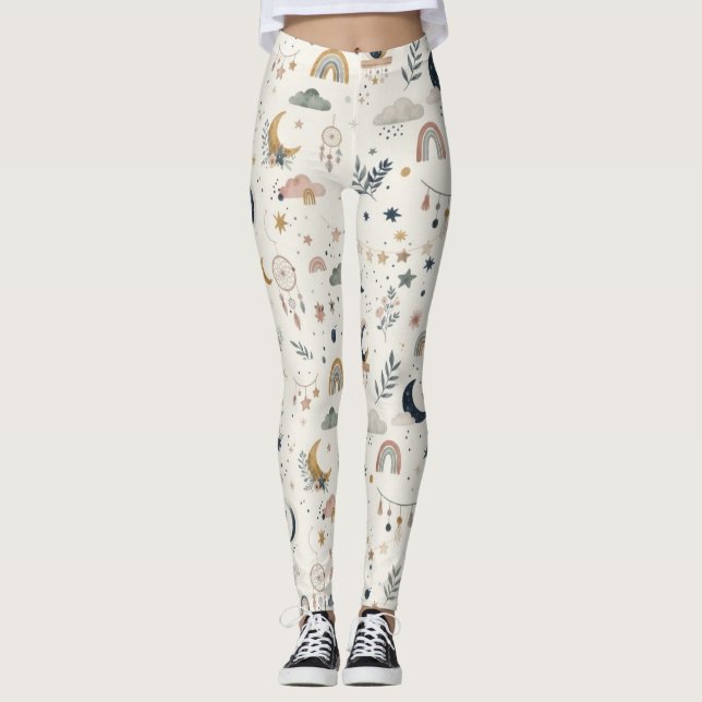 Leggings Femmes Célestes Boho| Lune Étoiles Neutres (Devant)