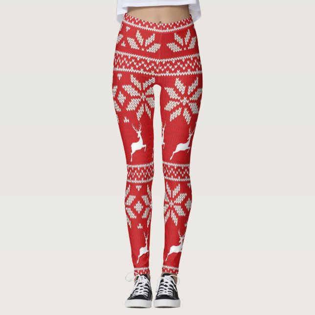 Leggings Festif Motif de cerfs- rouge blanc mou (Devant)