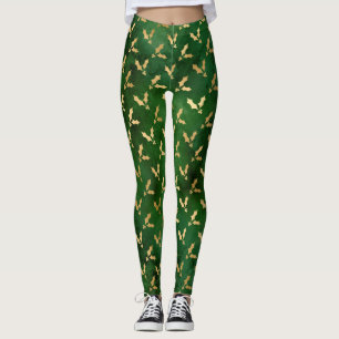 Leggings Festive Green et Gold Foil hiver Noël Holly