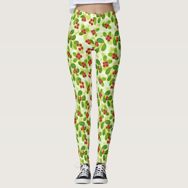 Leggings Festive Motif de fruits de canneberge, vert (Devant)