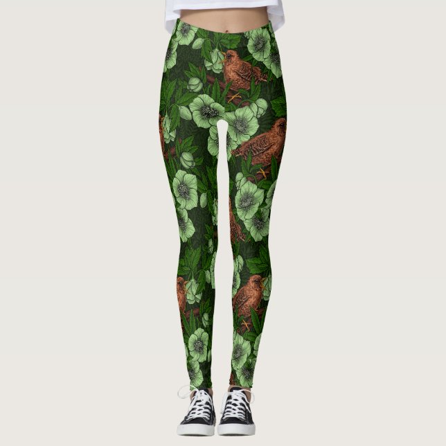 Leggings Feu et hellebore sur vert foncé (Devant)
