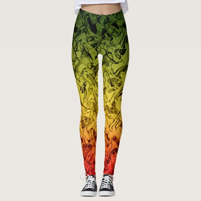 Leggings Feu Rasta Abstrait Fumée Cool Vert Jaune Rouge (Devant)