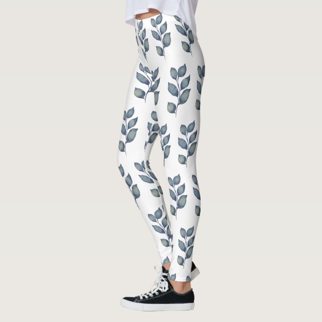 Leggings Feuillage aquarelle bleu et blanc moderne  (Gauche)