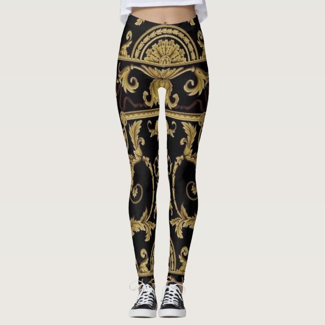 Leggings Feuille d'acanthe classique noir et or (Devant)