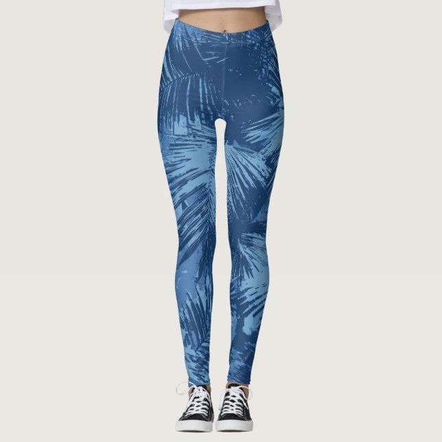 Leggings Feuille de palmier tropical bleu (Devant)