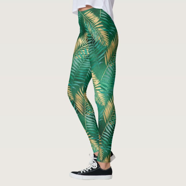 Leggings Feuille de palmier vert émeraude Jungle dorée bril (Gauche)