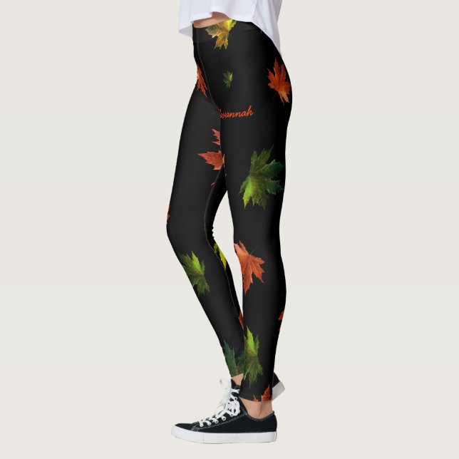 Leggings Feuille d'érable rustique avec votre nom sur NOIR (Gauche)