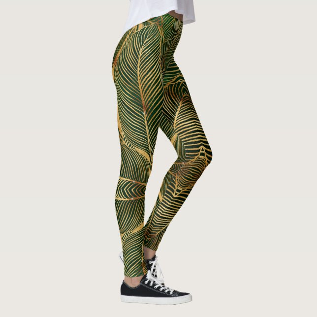 Leggings Feuille d'or Forêt verte Élégant Motif (Droite)