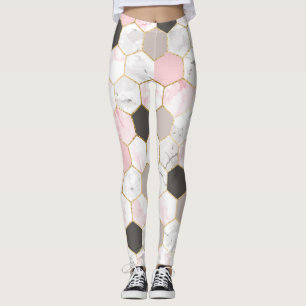 Leggings Feuille d'or géométrique, motif hexagone en marbre