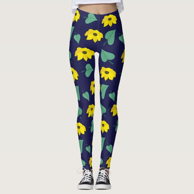 Leggings Feuille fleurie jaune imprimé sur marine (Devant)