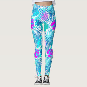 Leggings Feuille tropicale bleu et rose Aqua