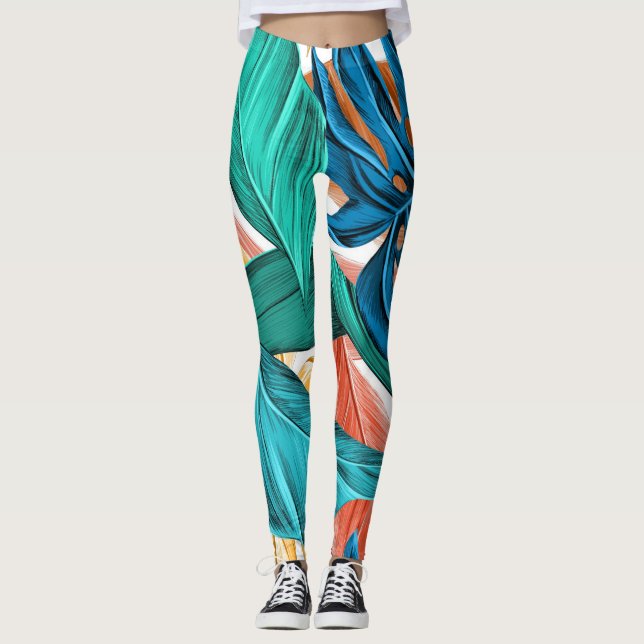 Leggings Feuille tropicaux vert et bleu (Devant)