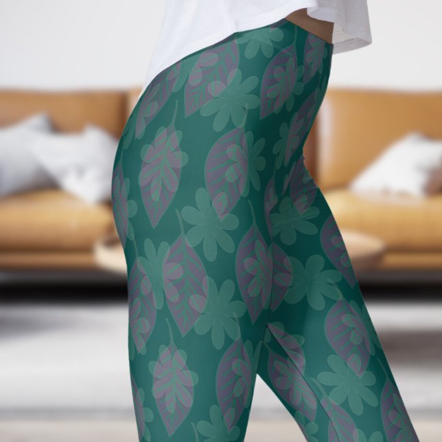 Leggings Feuille verte de la Jungle classique et Motif péta (Leaf and Petal on Deep Jungle Green Leggings)
