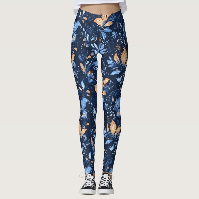 Leggings Feuilles Abstraits de marguerite bleu et or (3) (Devant)