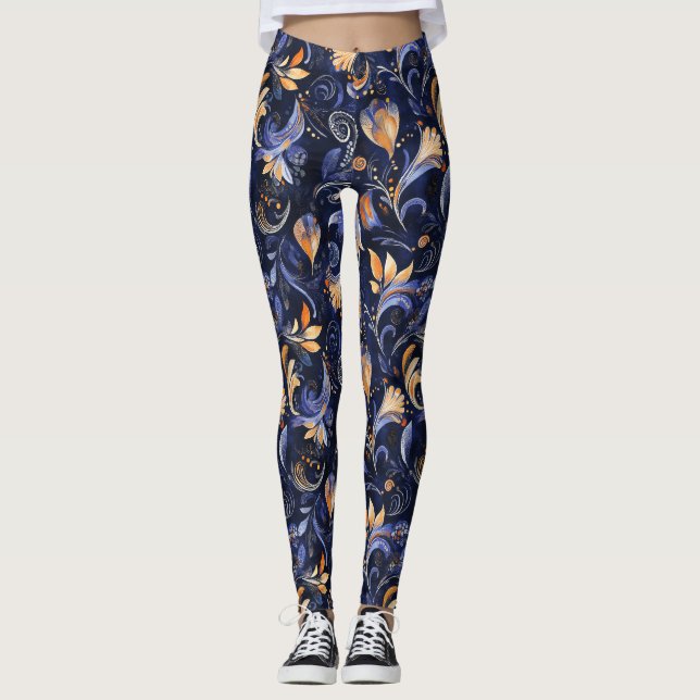 Leggings Feuilles Abstraits Paisley bleu et or (Devant)