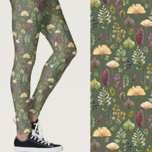 Leggings Feuilles aquarelles et fougères automne vert sauge