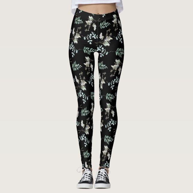 Leggings Feuilles botaniques verts et noirs (Devant)
