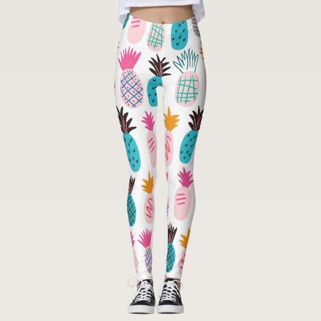 Leggings Feuilles colorés d'ananas, doodle tropical. (Devant)