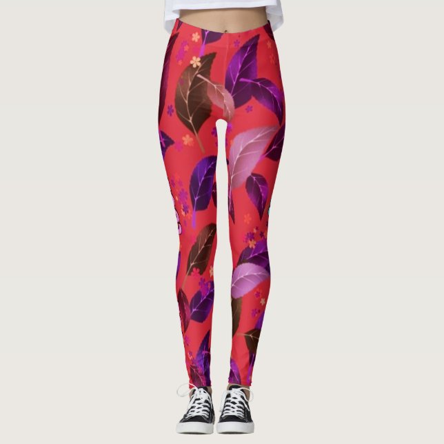Leggings Feuilles de couleur citron vert et fleurs (Devant)