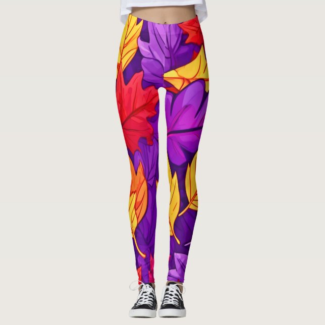 Leggings Feuilles de dessins animés : violet, jaune, rouge (Devant)