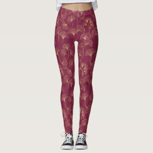 Leggings Feuilles de Ginkgo dorées luxueuses sur un bordeau