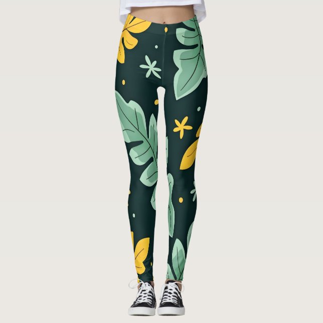 Leggings Feuilles de jungle tropicale dans vert et jaune vi (Devant)
