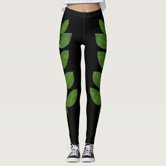 Leggings Feuilles de Laurier Vert Moderne sur Fond Noir (Devant)