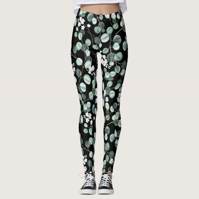 Leggings Feuilles de l'Eucalyptus : Motif de fleurs blanche (Devant)