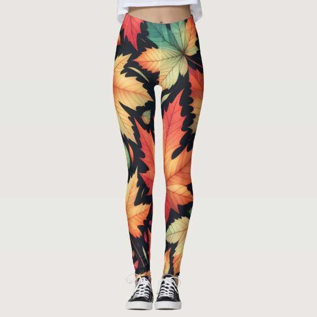 Leggings Feuilles de Maple Automne Coloré Motif  (Devant)