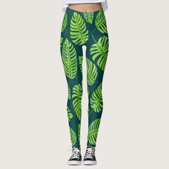 Leggings Feuilles de Monstera, motif d'aquarelle tropicale (Devant)