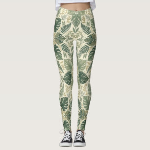 Leggings Feuilles de Monstera vert sauge symétriques