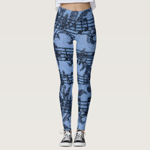 Leggings Feuilles de musique fleurit Denim-Look bleu sur bl