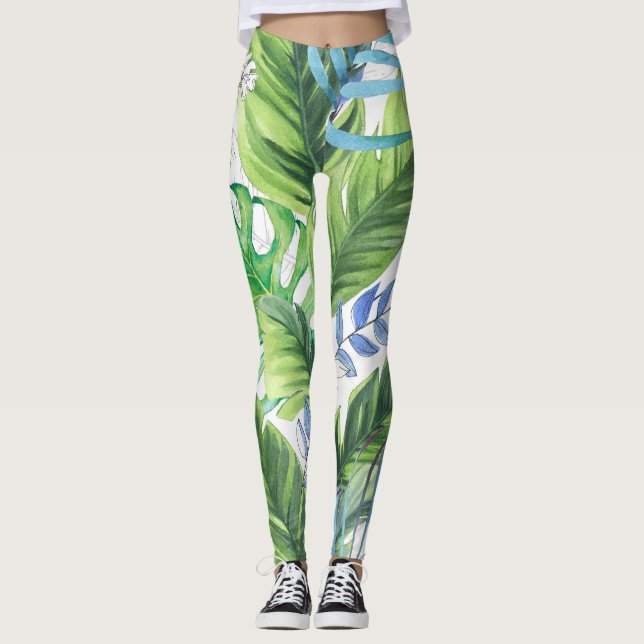 Leggings Feuilles de palmier d'aquarelle, arrière - plan ex (Devant)